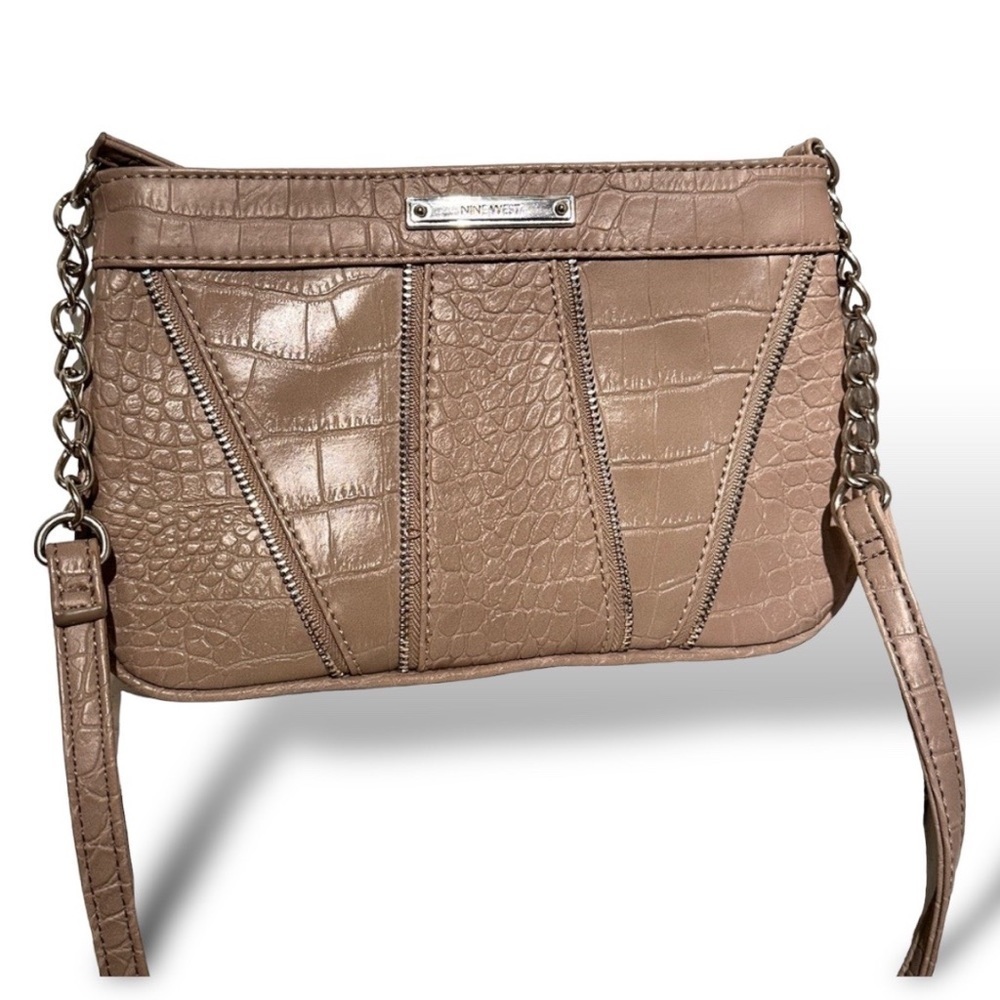Nine West Taupe Alligator Print Crossbody Purse with Silver Metal Accents